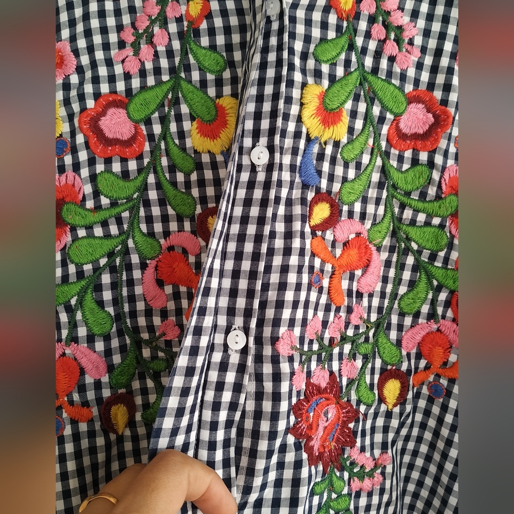 Zara Black & White Gingham Check Shirt With Embroidery - Picture 5 of 12